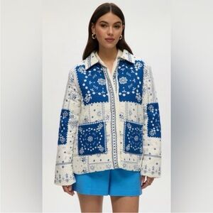 Caroline Constas Jacket Blue White‎ linen blend Patterned patchwork tomato girl
